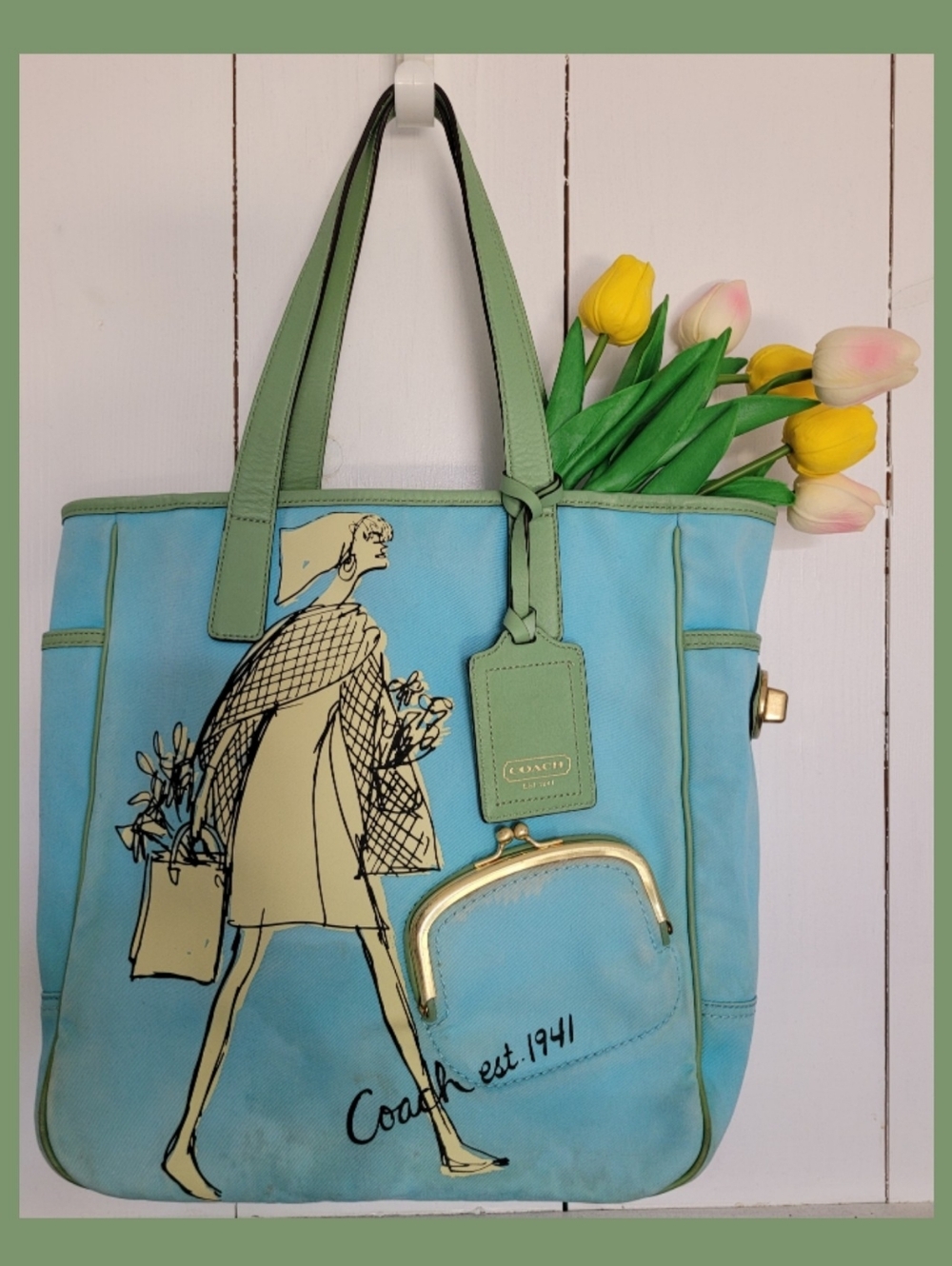 Coach Bonnie Cashin Blue Green Canvas Market Shopping Tote Bag Floral Graphic